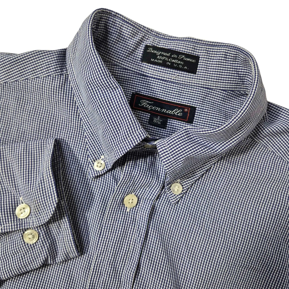 Faconnable‎ Shirt Mens 15.5 Medium Blue Gingham Classic Ivy Cotton Made in USA